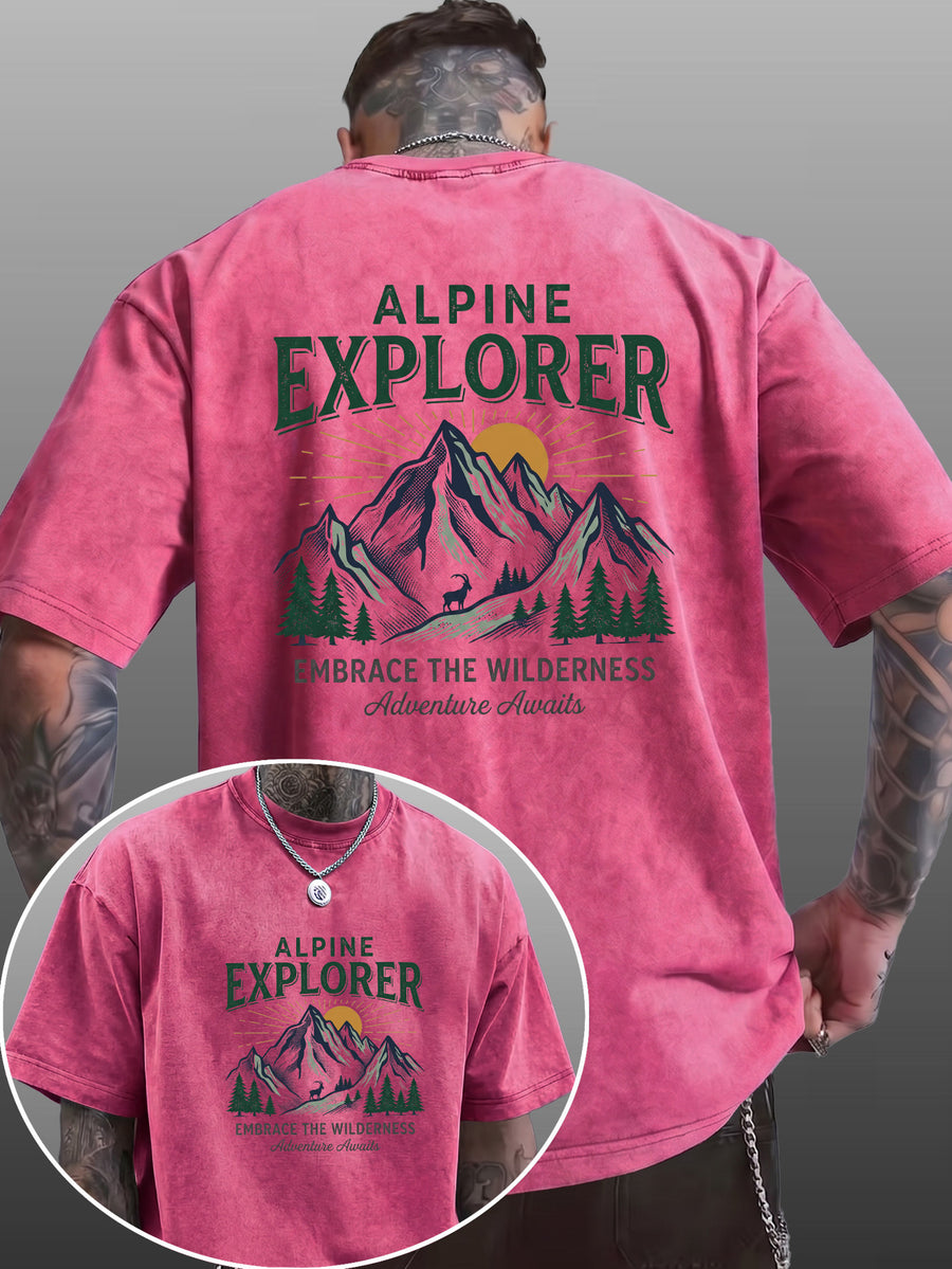Short Sleeve T-Shirt Men'S Pure Loose Washed Distressed Top Mountain Adventure Forest Sunset Pattern Trendy Reversible Double-Sided Print Multicolor Casual American Street High Street Hip-Hop Style Daily Outing Commute Fitness Couple Style Y2K Natio - Rose Red