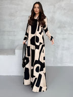 European And American Style Women'S Casual Dress Long-Sleeved Loose Fashion Color-Blocking Print Long Skirt - Mixed colors