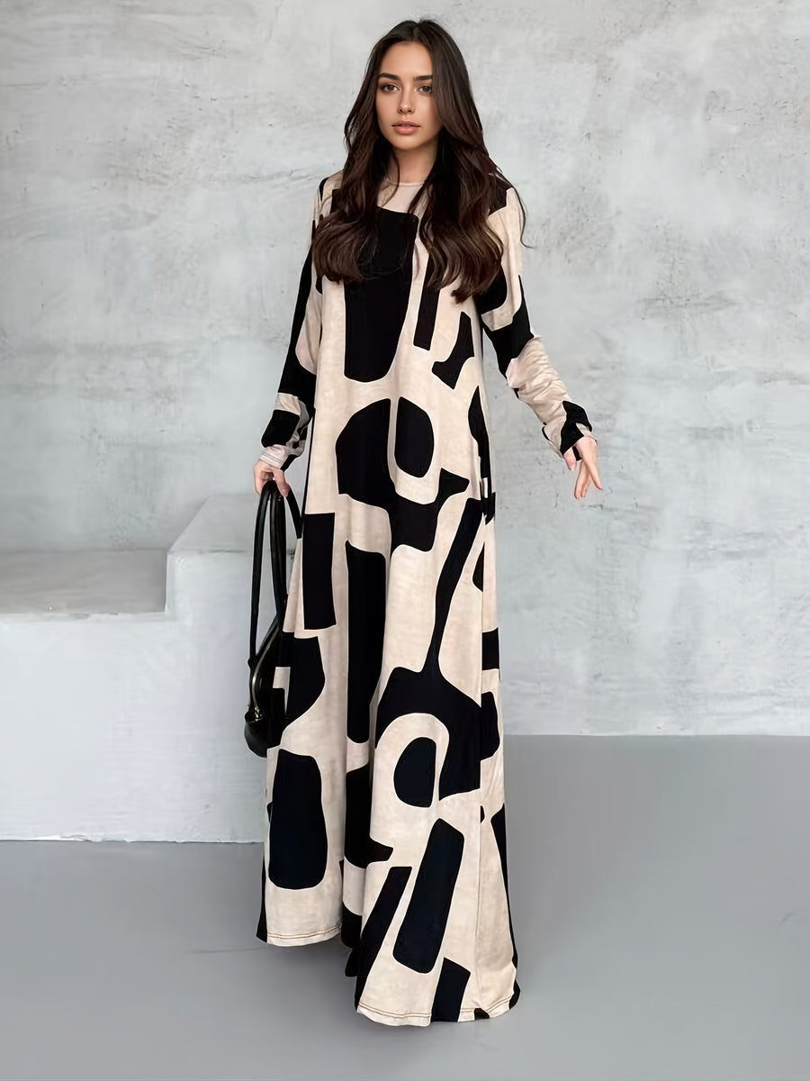 European And American Style Women'S Casual Dress Long-Sleeved Loose Fashion Color-Blocking Print Long Skirt - Mixed colors