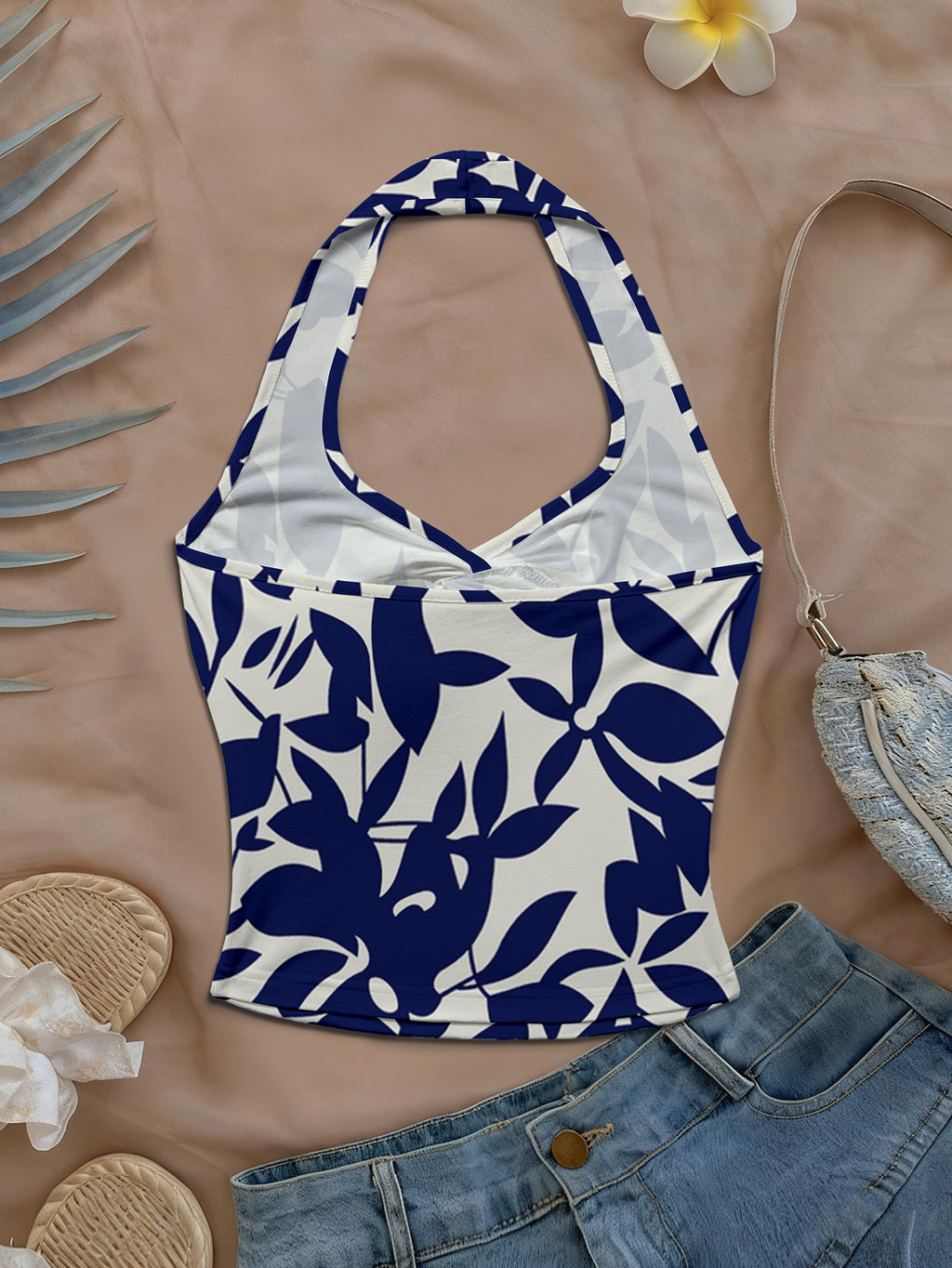 Women'S Spring/Summer New Arrival Daily/Dating/Vacation Casual Printed Twist Front Halter Neck Crop Top - Navy Color