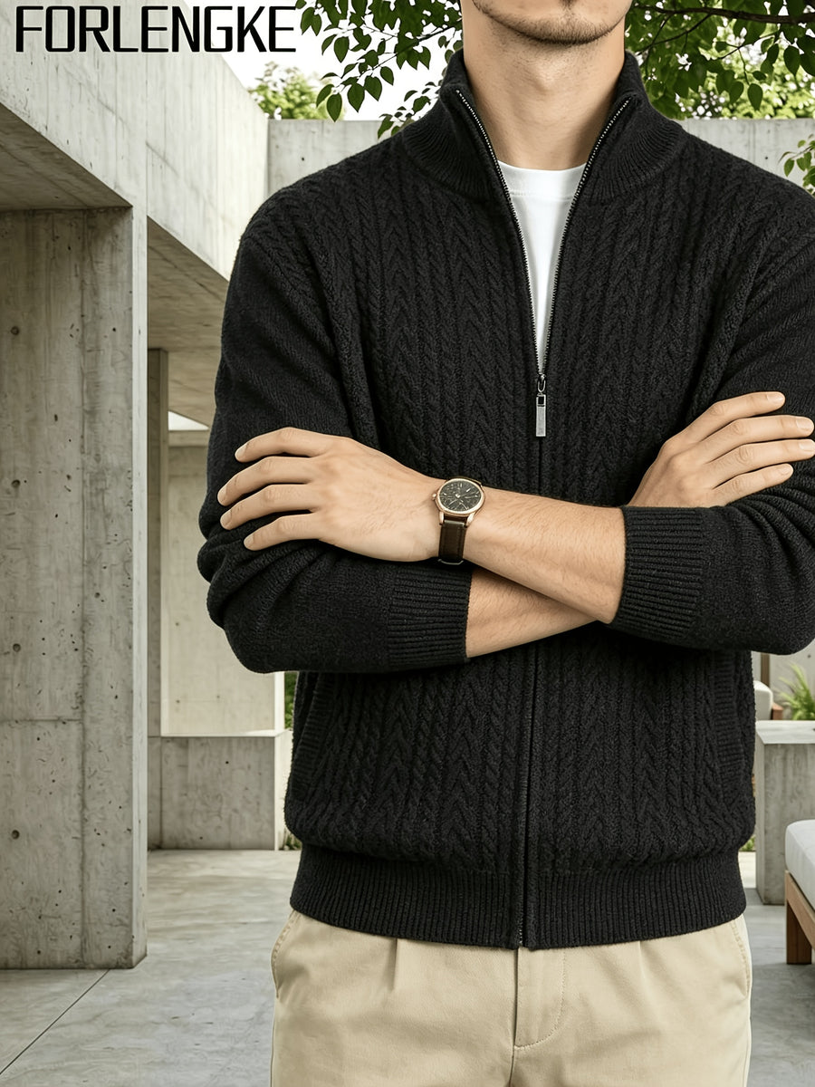 FORLENGKE Men'S Business Casual Stand Zip Cable Knit Cardigan, Soft Warm Long Sleeve Knitted Jacket for Fall Winter Office Daily Wear - Black