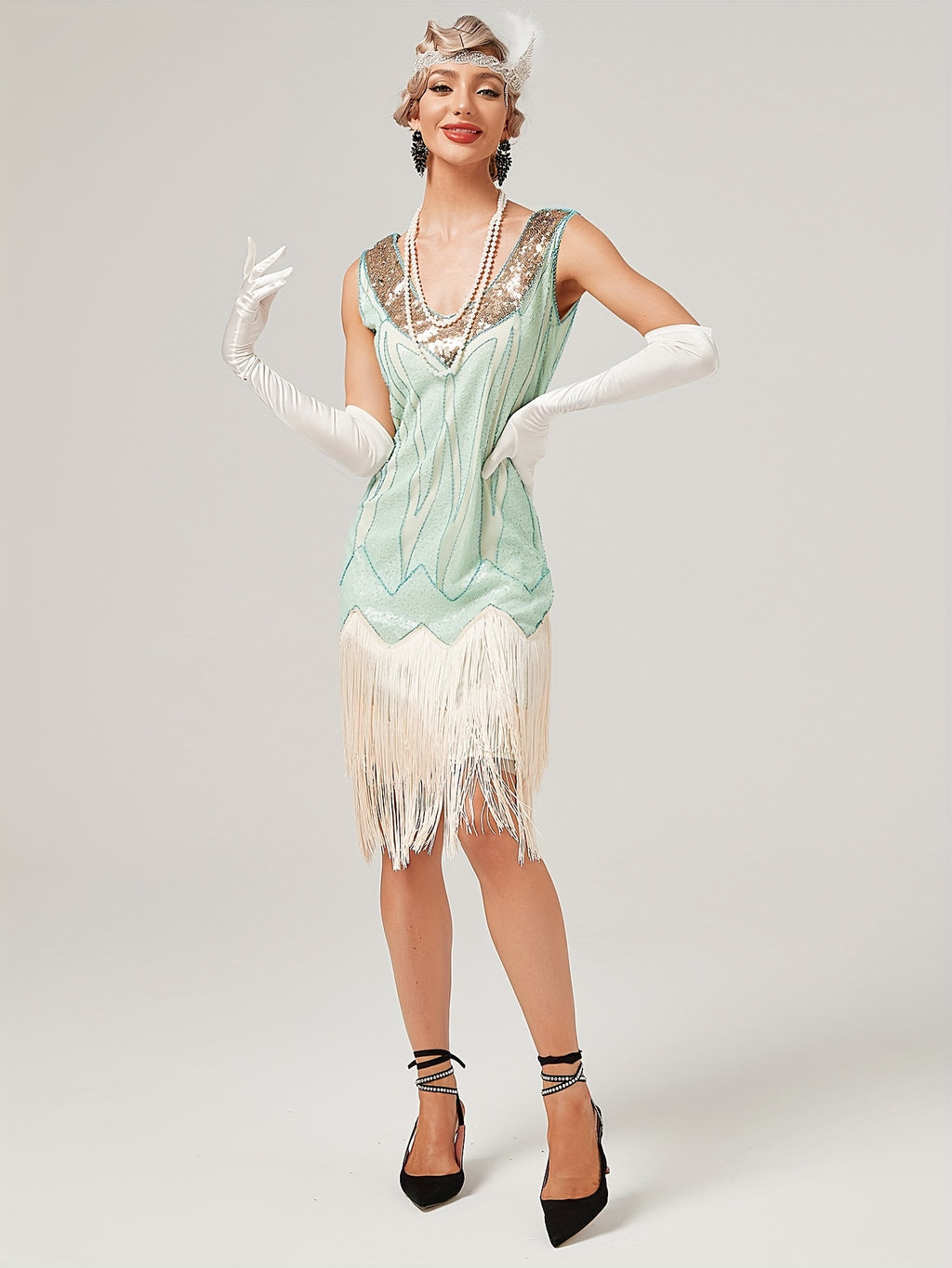 1920s Retro Sequin Gatsby Party Dress with Tassels, Short Sleeve Evening Gown for Banquets and Toasting Ceremonies - In Stock - Apricot Blue