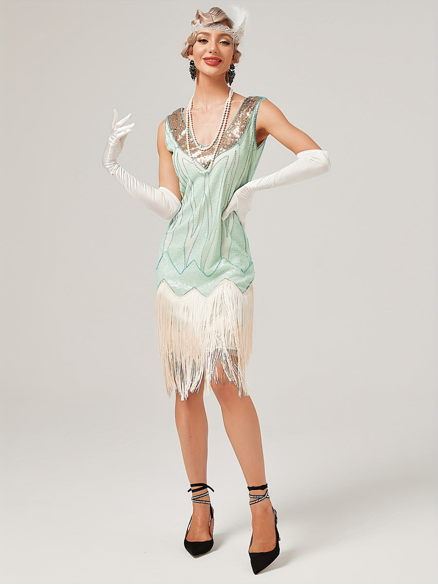 1920s Retro Sequin Gatsby Party Dress with Tassels, Short Sleeve Evening Gown for Banquets and Toasting Ceremonies - In Stock - Apricot Blue