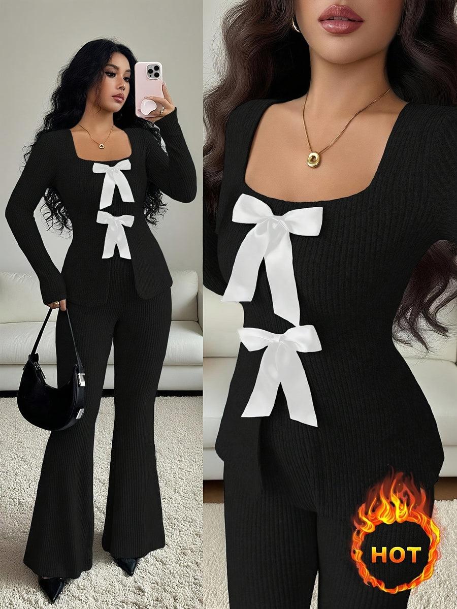 Elegant Fashion New Autumn Winter Solid Color Warm Square Neck Long Sleeve Slim Fit Waist Tie Bow Decor Top and Slim Fit Warm Flared Pants 2pcs Set - Black