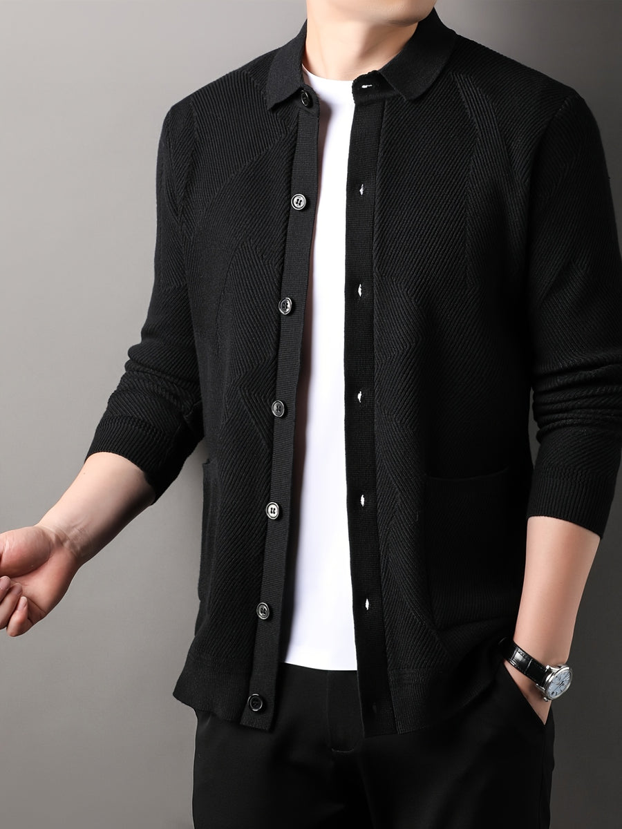 Du Jing Lan OBM Spring/Summer New Arrival Men's Knitted Cardigan, Old Money Style Solid Color Lapel Long Sleeve Open Front Knit Cardigan, Men's Business Casual Fashion Single-Breasted Ribbed Sweater Jacket with Side Pockets, Suitable for Layering - Black