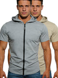 2pcs Summer Men'S Cardigan Hoodie Short-Sleeve T-Shirt, Fashionable And Easy, for Sports, Fitness, Beach, Yoga, Breathable - Gray+Khaki