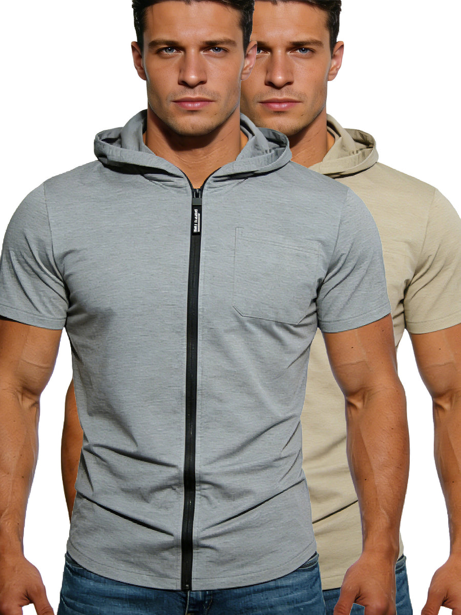 2pcs Summer Men'S Cardigan Hoodie Short-Sleeve T-Shirt, Fashionable And Easy, for Sports, Fitness, Beach, Yoga, Breathable - Gray+Khaki