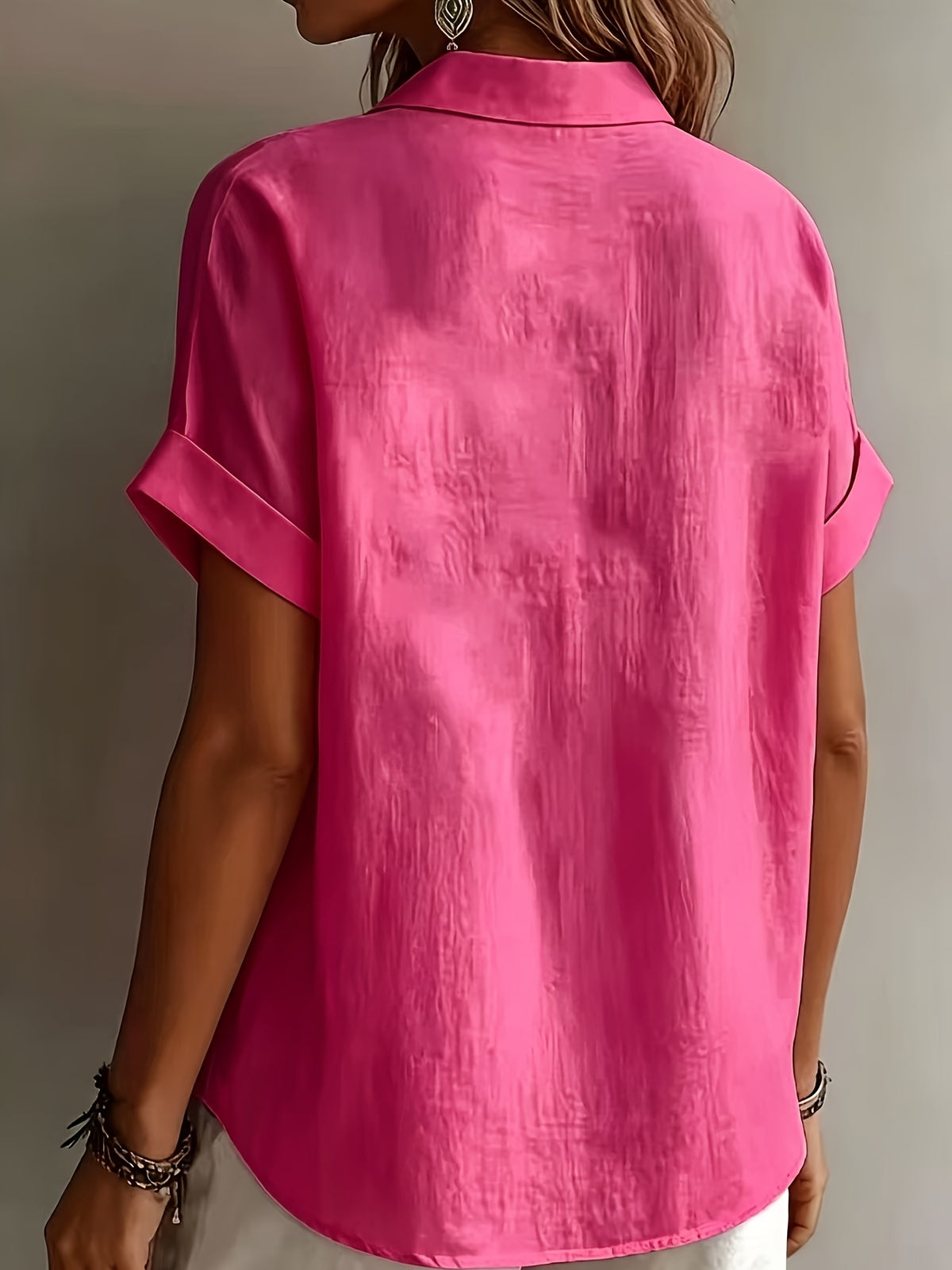 Women'S Elegant Vacation Style Short Sleeve Top, Loose Lazy Shirt, Commute Casual Literary Style, And Covering, Daily Temperament Style, Loose Drape, Breathable And Comfortable - Rose Red