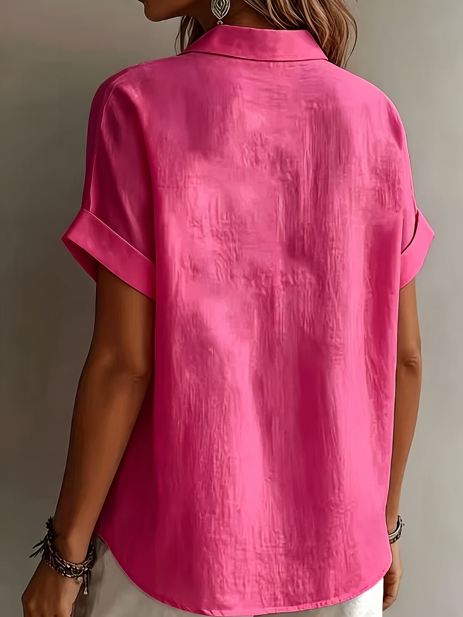 Women'S Elegant Vacation Style Short Sleeve Top, Loose Lazy Shirt, Commute Casual Literary Style, And Covering, Daily Temperament Style, Loose Drape, Breathable And Comfortable - Rose Red