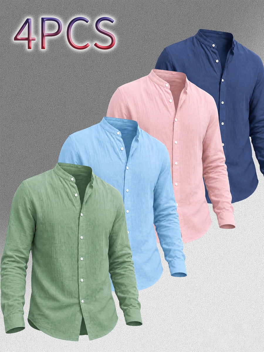 Zhiyu OBM Men's New Stand Collar Solid Color -Look Long Sleeve Shirt 4pcs Set, Simple Stand Collar Design, High-Quality Men's Long Sleeve Button- Shirt for Spring, Autumn, and Winter - Suitable for Outdoor Leisure, Vacation, Travel, and Formal Wear - Green + Sky Blue + Pink + Navy Blue