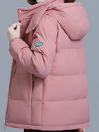 QMGA Women's Thickened Jacket Hooded Outdoor Coat with Detachable Hood & Large Pockets - Anti-Pilling Suitable for Camping,, Commuting, Winter Warm Outerwear, Zipper Closure, Elastic Cuffs, Straight Cut Jacket - Pink Color