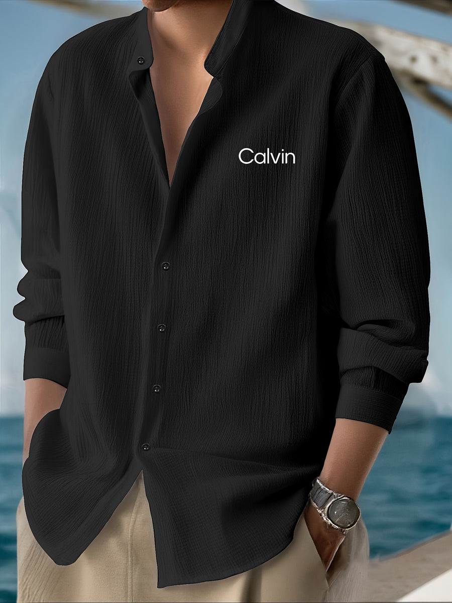 Men'S Casual Solid Long Sleeve Shirt - Breathable Textured Fabric, Stand Collar And Button-Up Placket, "Calvin" Letter Print Design, Machine Washable Regular Fit for Spring/Fall Casual Wear, Minimalist Style Non-Stretch Fabric - Black 1