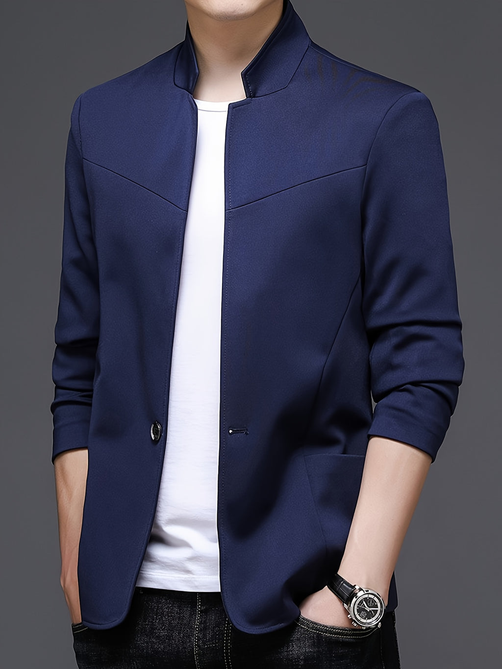 Men's New Spring/Autumn Trendy Mid-Life Stand Collar Blazer Jacket - Navy Color