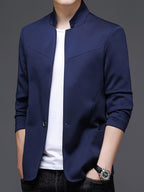 Men's New Spring/Autumn Trendy Mid-Life Stand Collar Blazer Jacket - Navy Color