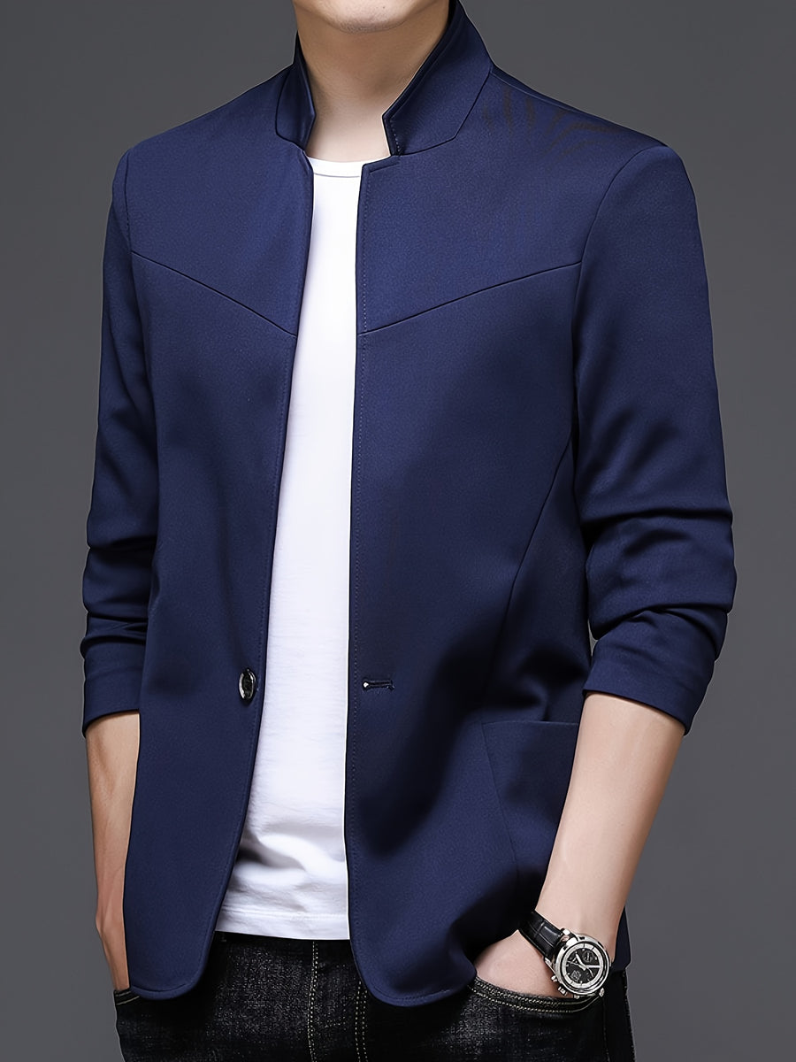 Men's New Spring/Autumn Trendy Mid-Life Stand Collar Blazer Jacket - Navy Color