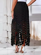 Hollow Embroidered Polka Dot Tassel Straight Half Skirt - Black