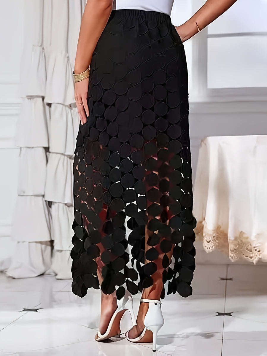 Hollow Embroidered Polka Dot Tassel Straight Half Skirt - Black