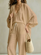 3pcs Set, Women's Spring/summer Vacation-style Loose Spaghetti Strap Tank Top with Cardigan and Loose Wide-leg Pants Casual Set, Elegant and Fashionable, Comfortable and Casual, Suitable for Commuting Wear - Khaki 1
