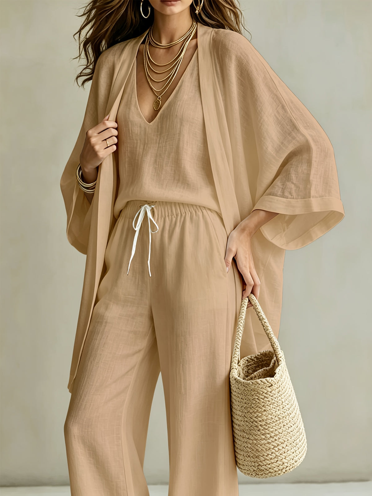 3pcs Set, Women's Spring/summer Vacation-style Loose Spaghetti Strap Tank Top with Cardigan and Loose Wide-leg Pants Casual Set, Elegant and Fashionable, Comfortable and Casual, Suitable for Commuting Wear - Khaki 1