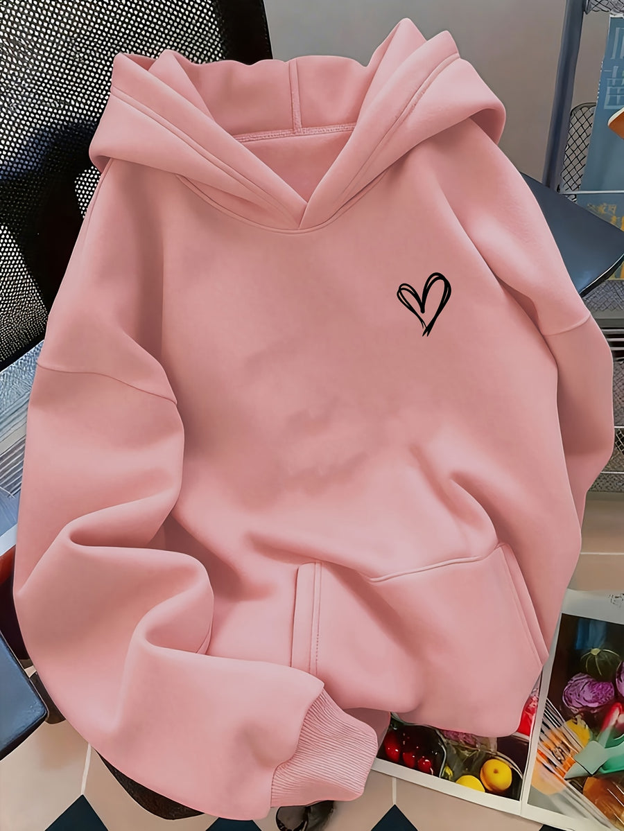 D92-One-Piece Loose Hooded Sweatshirt, Valentine's Day Fashion Casual Sweatshirt Outfit, Trendy Cute Heart Pattern Print, Spring and Autumn, Women's L16325 - Pink Color