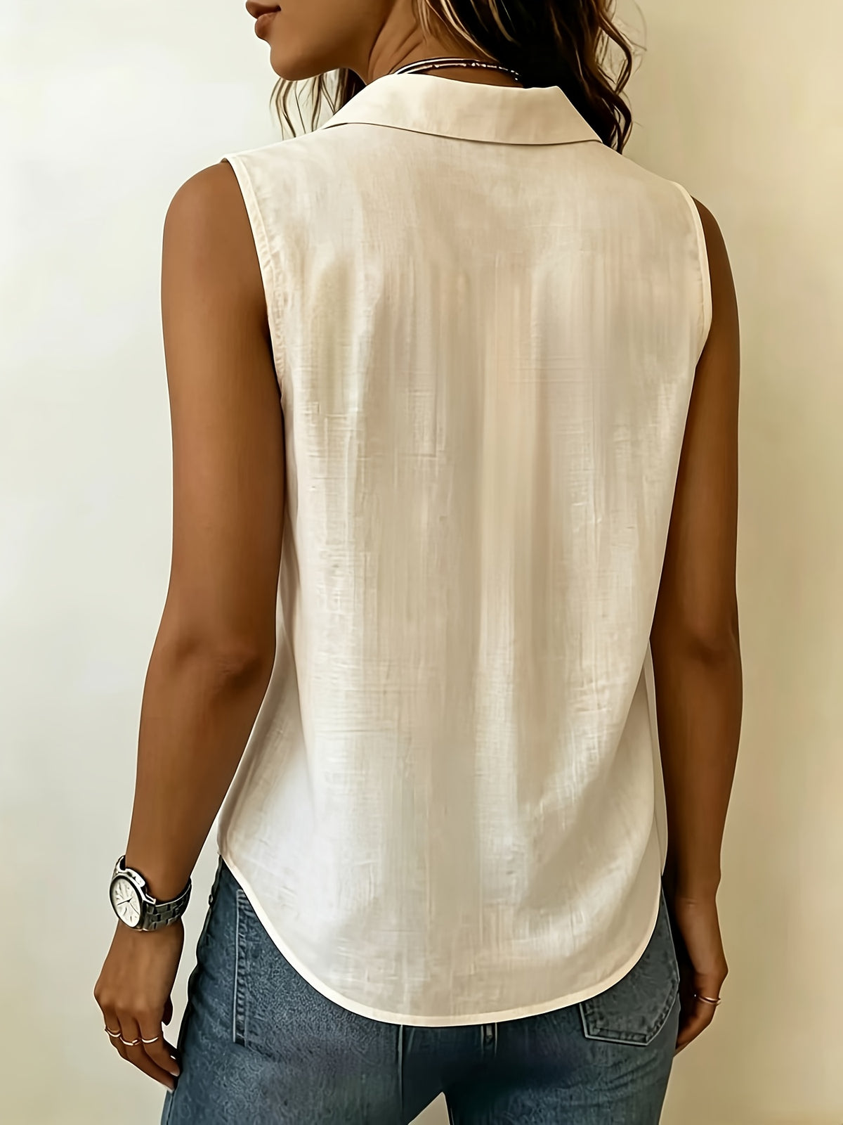 Pleated Design Statement Sleeveless Shirt, Women'S Lapel V-Neck Loose All-Match Summer Commute Top - Apricot