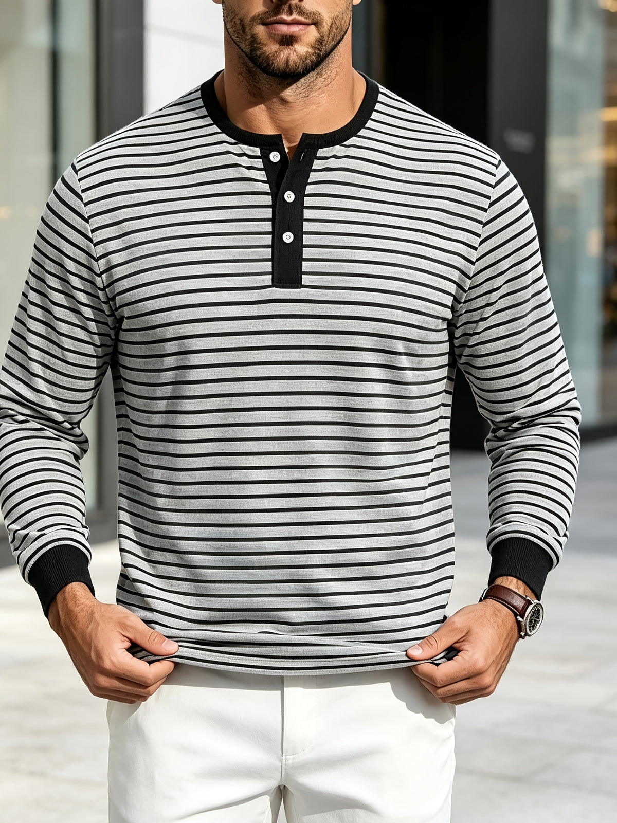 New Men's Striped Henley Neck Long Sleeve T-Shirt, Contrast Color Placket Button Casual Slim Fit Base Layer Top for Spring and Autumn - Light Grey