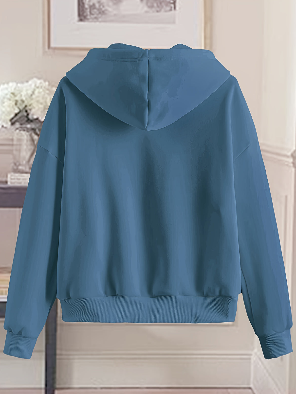 Love Print Hooded Zip-Up Sweatshirt Women'S Loose Casual Basic Cardigan Jacket - Peacock Blue
