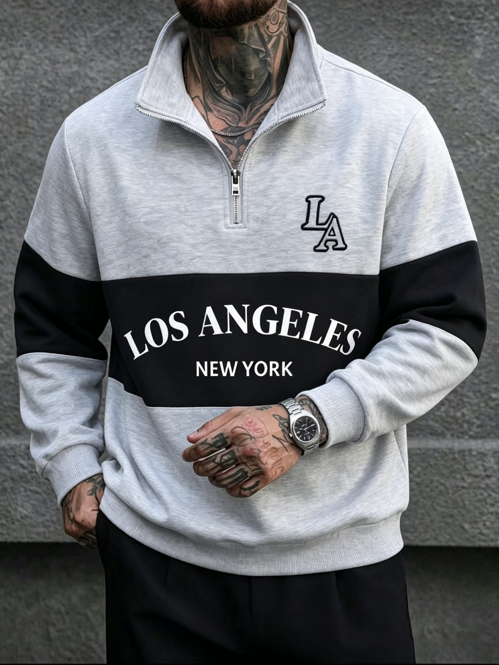 [Shule Water OBM] Spring Men'S Color-Block Letter Print Half-Zip Sweatshirt - Grey