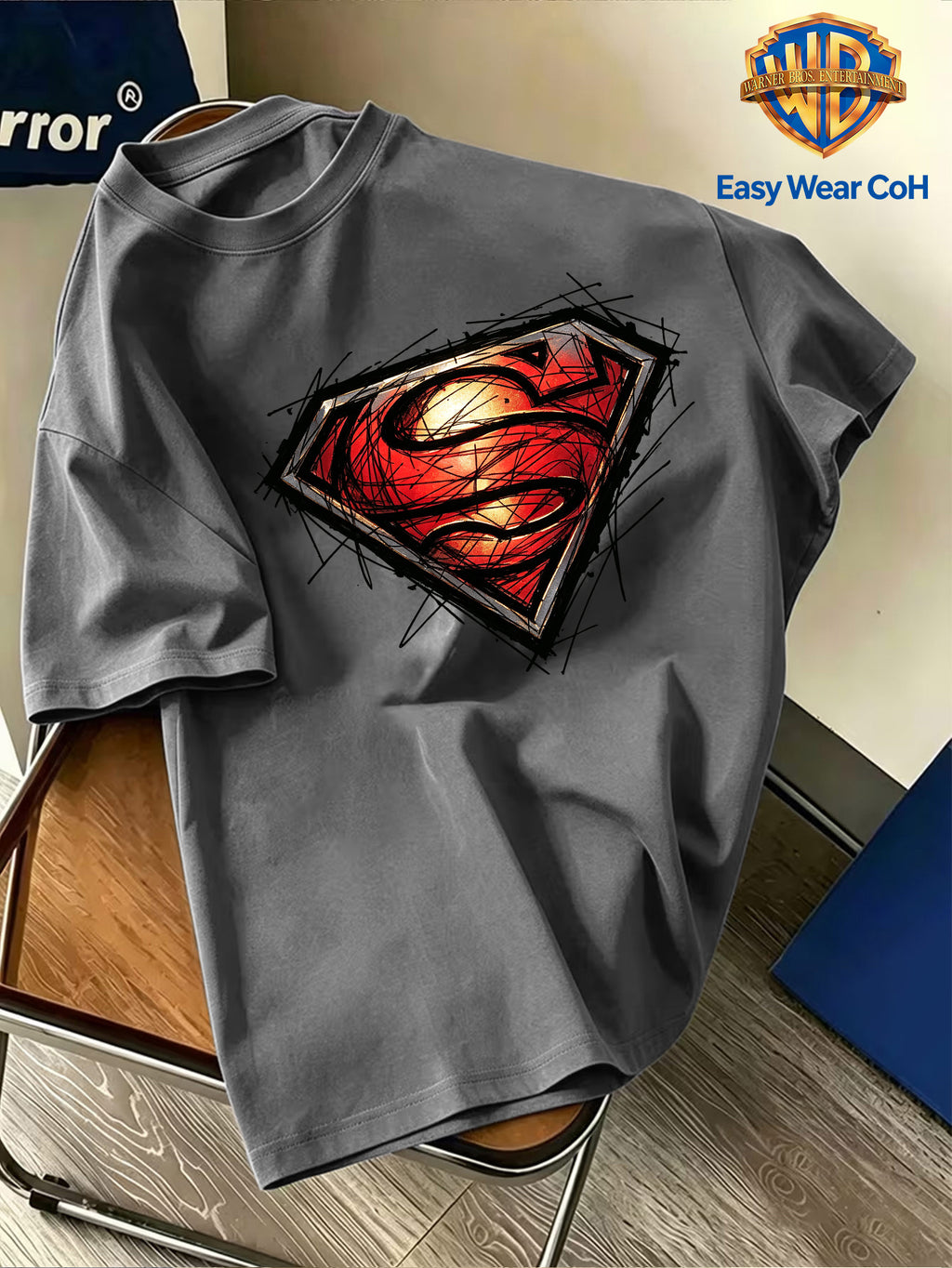 Warner Bros. Authentic Men's Pure Cotton Short-Sleeve T-Shirt, Featuring a Classic Hand-drawn Sketch-style Superman Core Pattern + S Shield Logo Creative Print. The Sketch Design Has Finely Detailed Layers, and the Pure Cotton Fabric Dispels Summer - Dark Gray