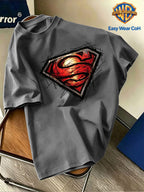 Warner Bros. Authentic Men's Pure Cotton Short-Sleeve T-Shirt, Featuring a Classic Hand-drawn Sketch-style Superman Core Pattern + S Shield Logo Creative Print. The Sketch Design Has Finely Detailed Layers, and the Pure Cotton Fabric Dispels Summer - Dark Gray