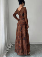 Women'S Elegant Elastic Waist A-Line Brown Long Dress, Wedding Guest Gown for Parties, Fashionable And Versatile - Coffee Color