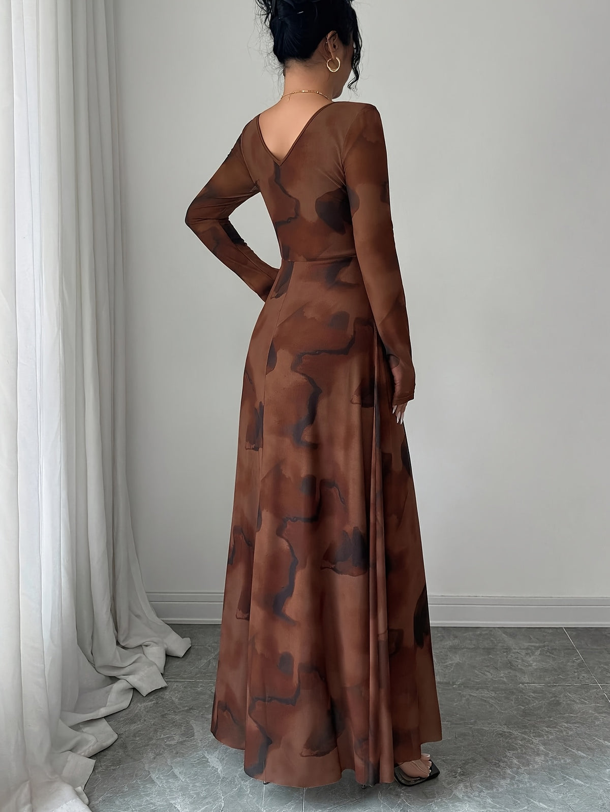 Women'S Elegant Elastic Waist A-Line Brown Long Dress, Wedding Guest Gown for Parties, Fashionable And Versatile - Coffee Color