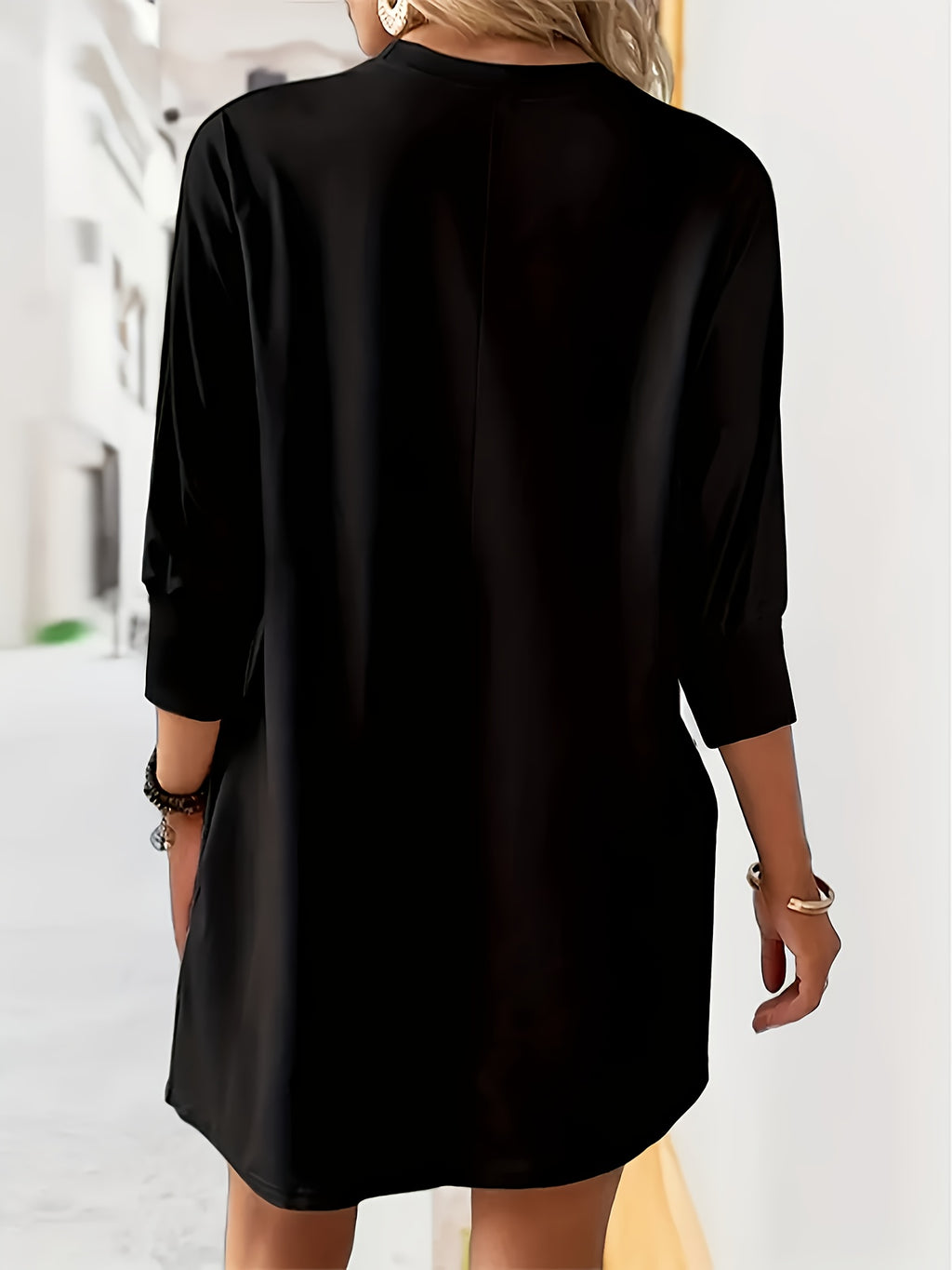Women's Short Loose Autumn Winter Dress, Urban Fashion, Elegant Commute - Black