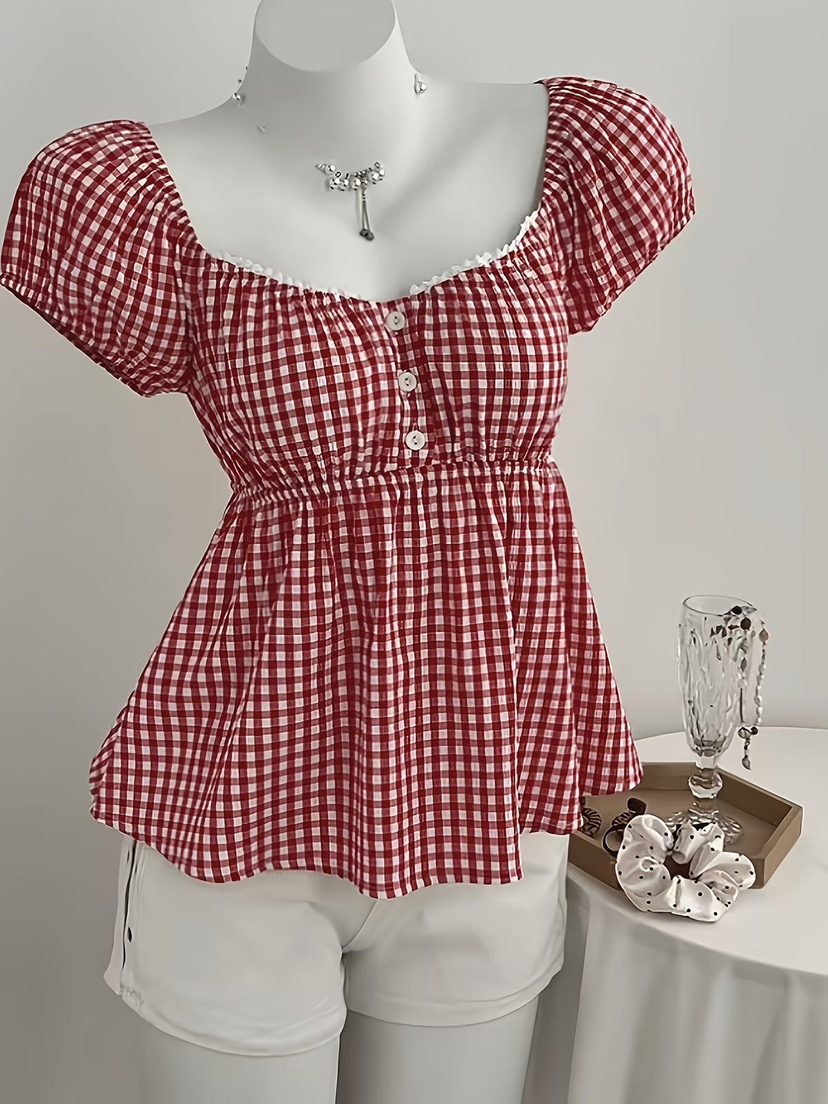 Women'S Red And White Checkered Square Neck Puff Sleeve Short-Sleeved Shirt, Waist- Short Doll Shirt, French Sweet Age-Reducing Plaid Shirt - Red