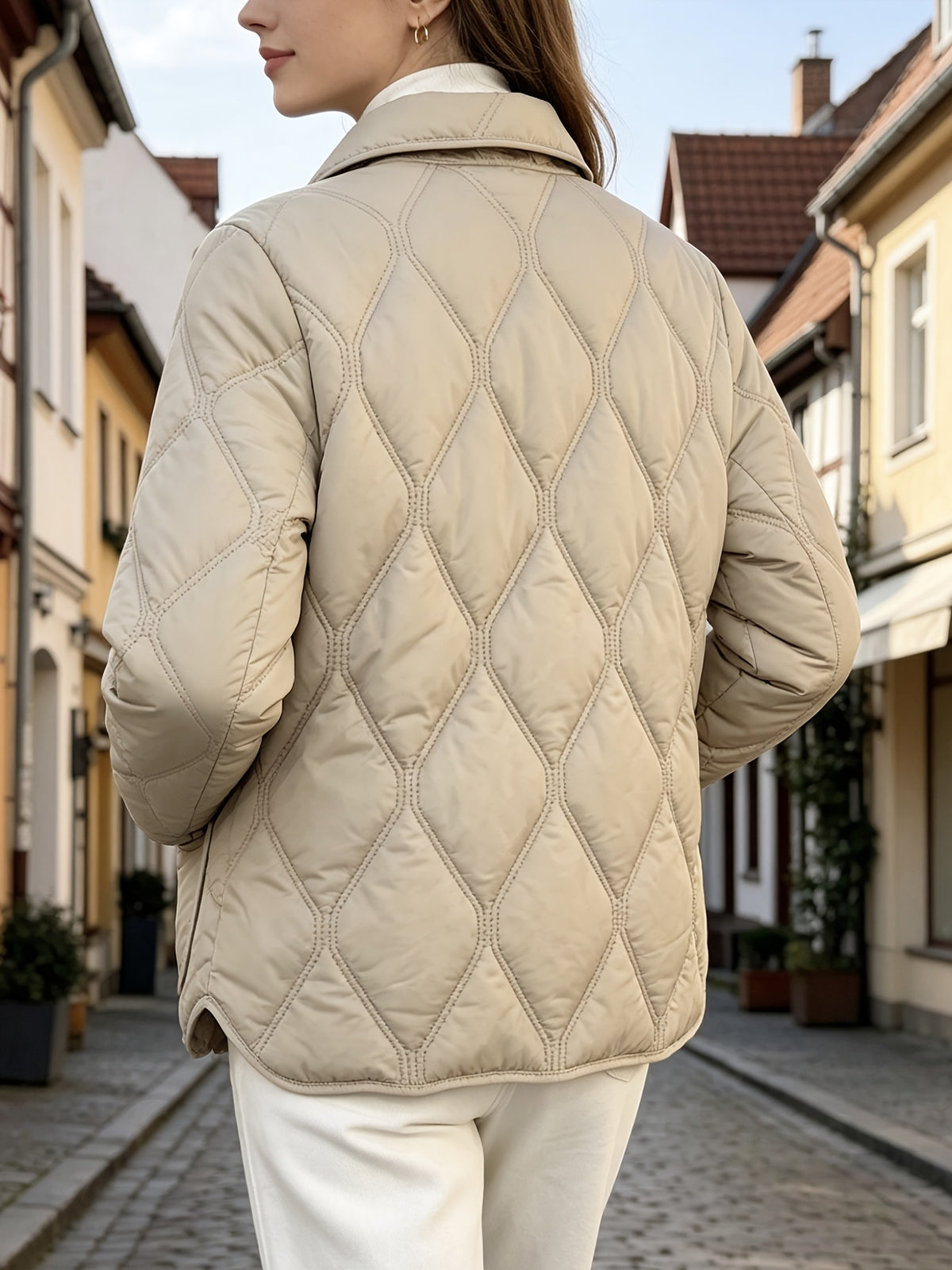 Spring/Autumn Women's Outerwear, Doll Collar Rhombus Quilted Padded Coat, New Year Outfit and Year-End Style, Versatile Top for Daily Commuting and Dates, High-Quality Women's Clothing, Elegant and Chic Loose Fit Padded Coat, Popular Top - Khaki