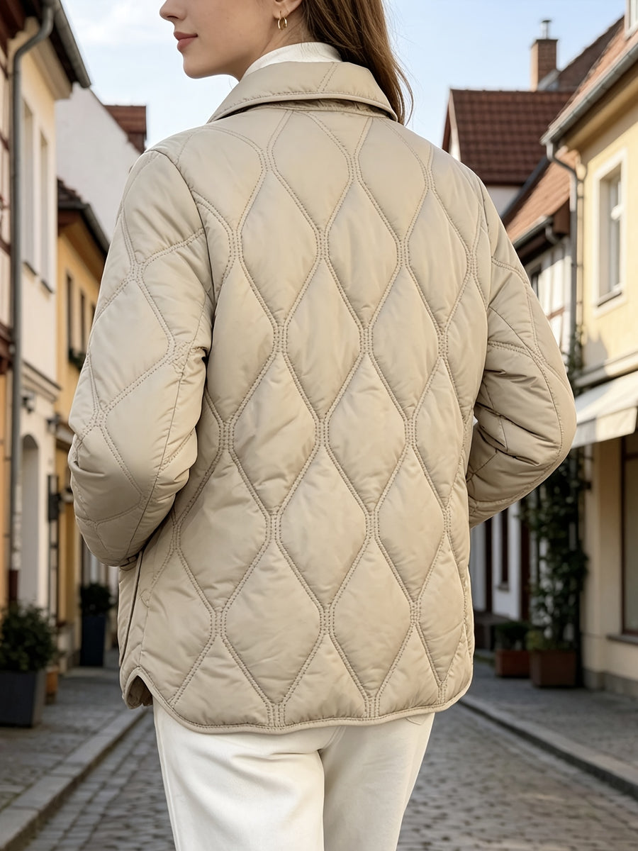 Spring/Autumn Women's Outerwear, Doll Collar Rhombus Quilted Padded Coat, New Year Outfit and Year-End Style, Versatile Top for Daily Commuting and Dates, High-Quality Women's Clothing, Elegant and Chic Loose Fit Padded Coat, Popular Top - Khaki