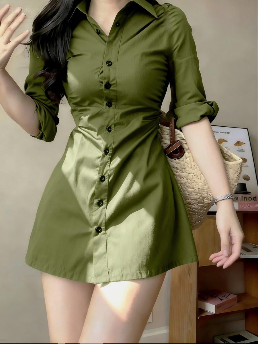 Waist- And Single-Breasted Solid Color Shirt Dress, Suitable for Dating And Commuting - Yellow-green