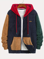 Men's Colorful Plush Hooded Zip-Up Sweatshirt Jacket with Contrast Patch Embroidery, Warm and Thickened for Autumn/Winter - Navy Color