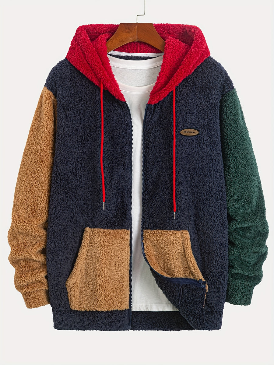 Men's Colorful Plush Hooded Zip-Up Sweatshirt Jacket with Contrast Patch Embroidery, Warm and Thickened for Autumn/Winter - Navy Color