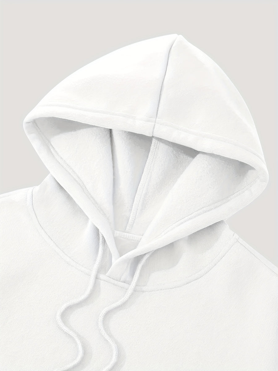 3pcs Urban Element Print Sweatshirt, Men's Casual Hooded Sweatshirt, Long-sleeve Pullover, Slight Stretch, Knitted Polyester Fabric, Regular Men's Hoodie - White