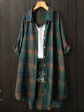 Women's Casual Plaid Midi Single-Breasted Loose Shirt - Dark Green