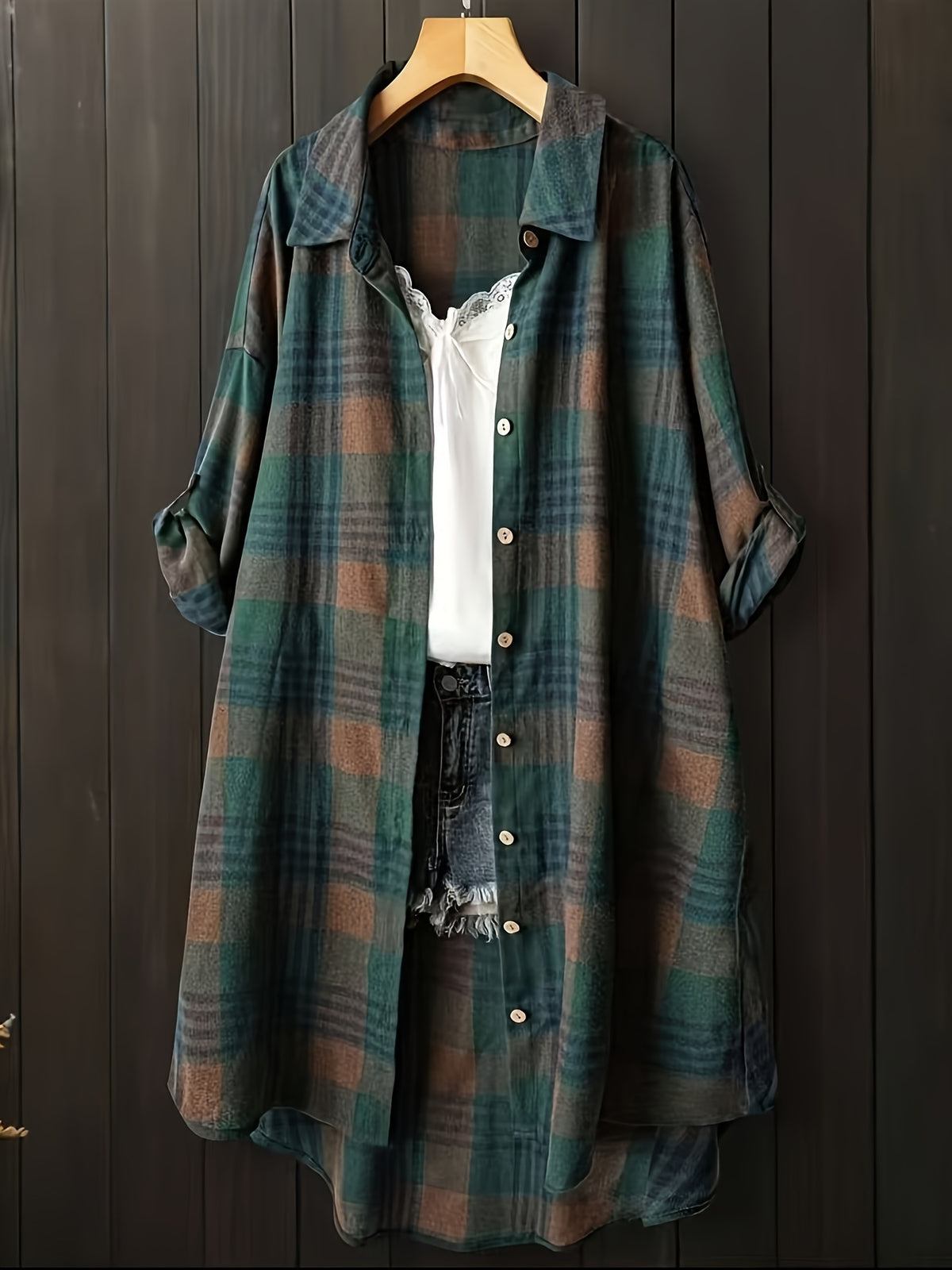Women's Casual Plaid Midi Single-Breasted Loose Shirt - Dark Green