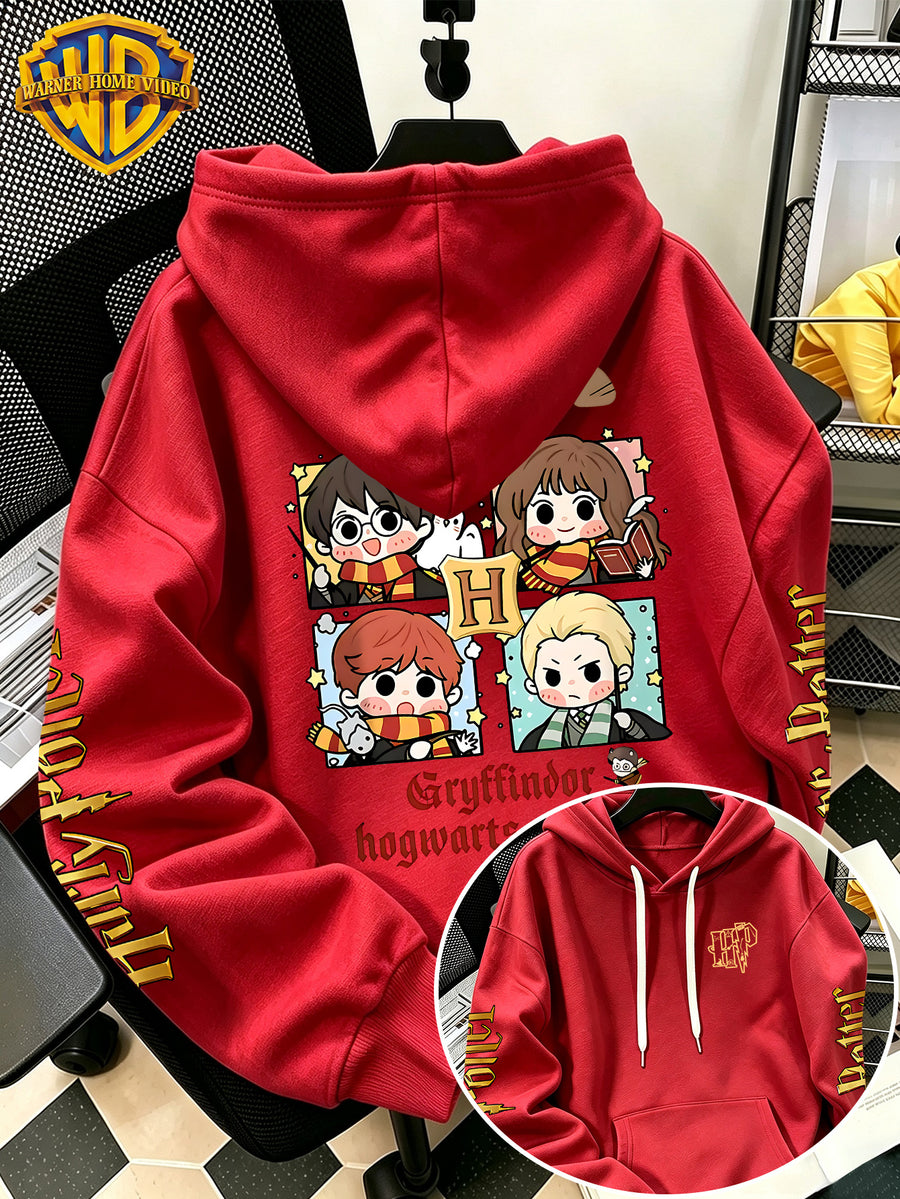 Warner Bros Official Q-Version Four-Panel Magic Boy Group Print Hoodie - Men's Fashion Hoodie with Adjustable Drawstring, Loose and Comfortable Sweatshirt, Suitable for Daily and Outdoor Sports Wear, the Perfect Choice for Warmth in Autumn - Red