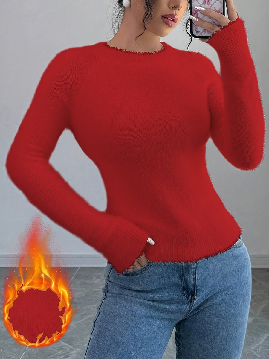 Elegant Women'S Autumn Winter Round Neck Faux Fox Pullover - Red