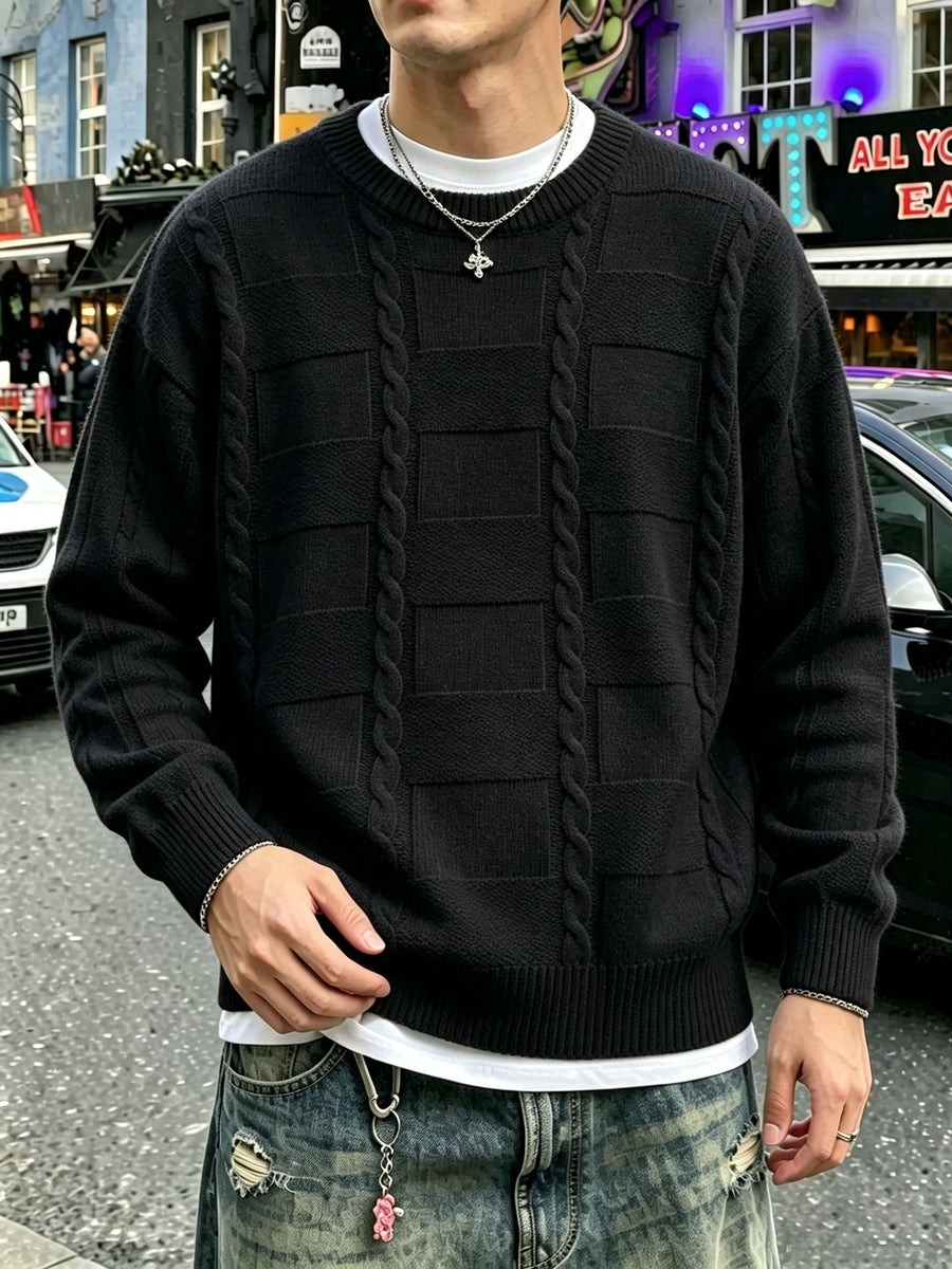 Autumn Winter Men'S New Casual Loose Easy Checkered Twisted Rope Pattern Vintage American Commute All-Match Knit Long Sleeve Round Neck Pullover Top - Black