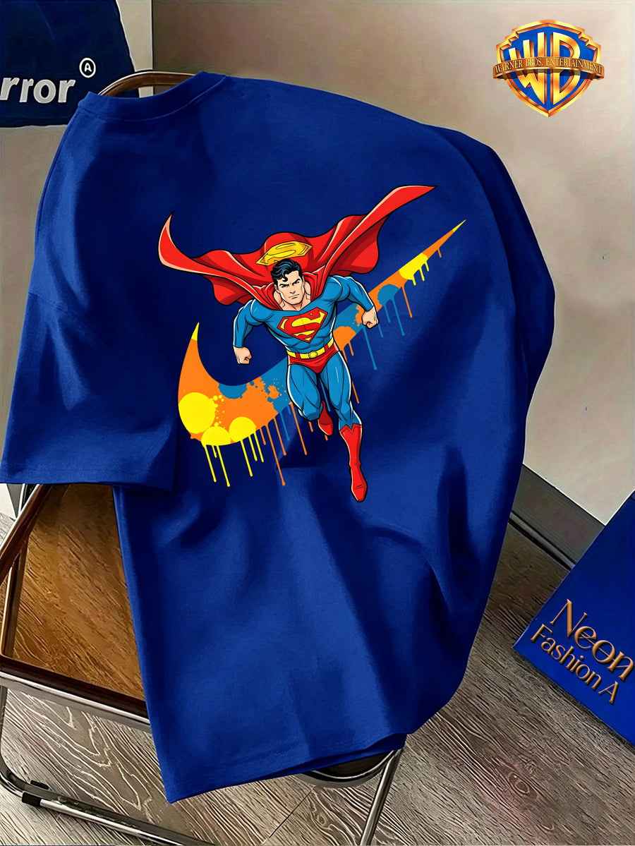 Back-To-School Season Warner Authorized, Men'S Casual T-Shirt, Soft Breathable Fabric Lightweight Short Sleeve, DC Genuine Superman Dynamic Flying Pose Colorful Resin Drop Trendy Print, Lightweight Comfortable Fit - Royal Blue