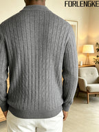 FORLENGKE Men'S Solid Color Stand Collar Cable Knit Zip Cardigan, Autumn And Winter Vintage Braided Texture Sweater, Casual Regular Fit, Suitable for Commuting And Traveling, Versatile Men'S Knit Jacket Available in Multiple Colors - Grey
