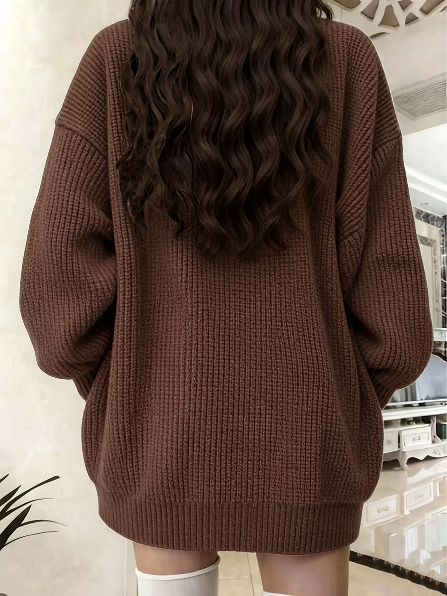 Button Front Cardigan With Patched Pocket, Casual V Neck Solid Color Ribbed Drop Shoulder Cardigan For Fall & Winter, Women's Clothing - Dark Brown