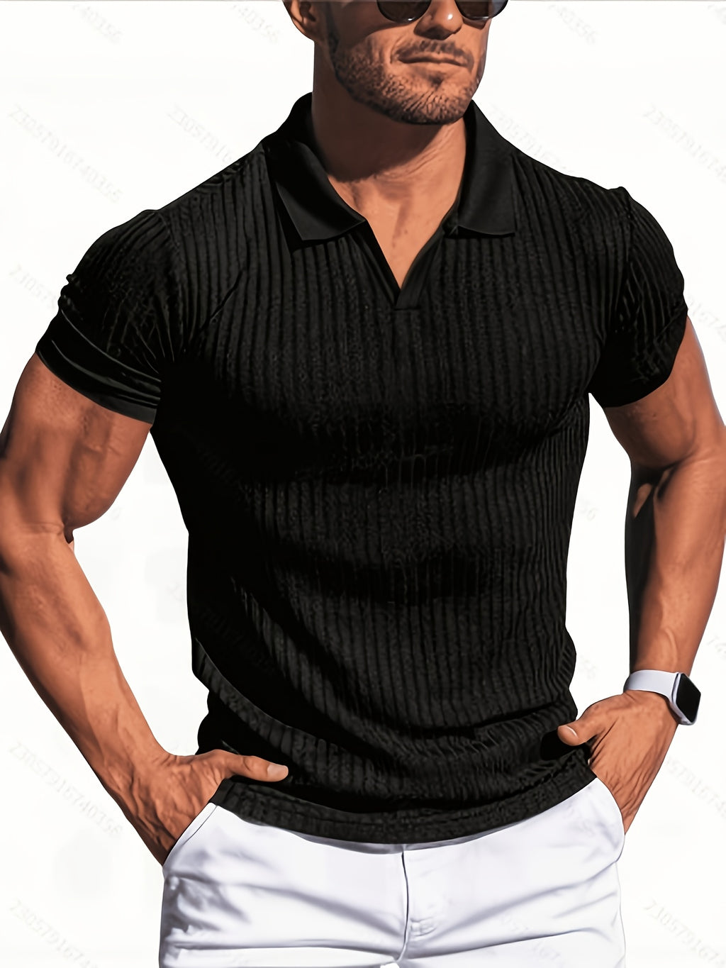 KJ-P6-V Summer Beach Athletic Style Polo Shirt Men'S Vertical Striped Collar Short Sleeve Fitness Casual Versatile T-Shirt 3pcs Set - Black And White Green