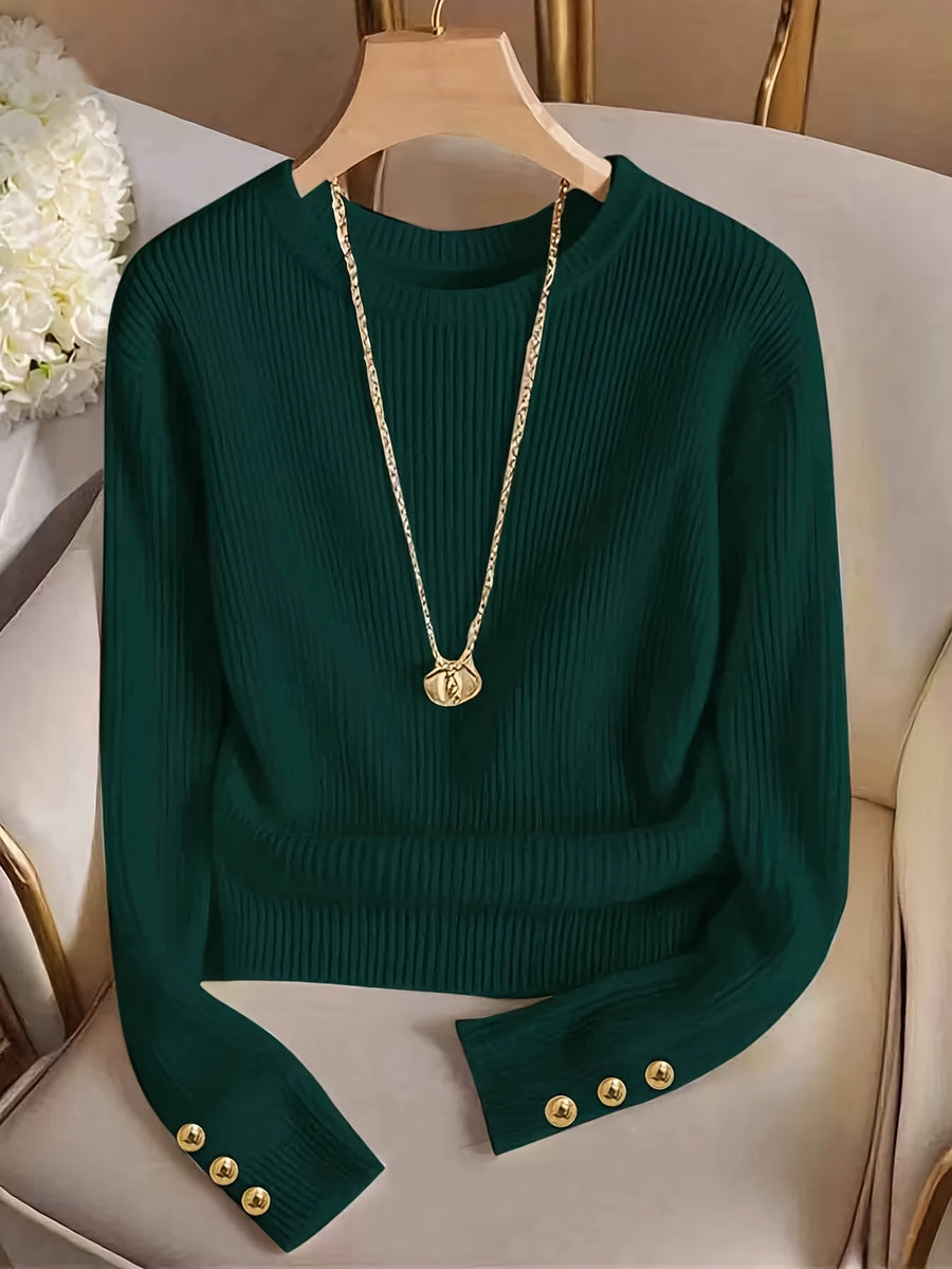 Women's Solid Color Elegant Round Neck Metal Button Decor Long Sleeve T-Shirt, Simple Fashion Top, Dignified and Delicate, Suitable for Spring and Autumn, Vintage Fashion, Elegant Commute, for Daily Wear, Office Wear, Party, Wedding, Holiday Wear - Green